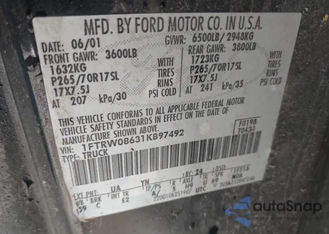 2001 Ford F-150 King Ranch Edition/Lariat/Xlt из США, поврежденный, VIN 1FTRW08631KB97492